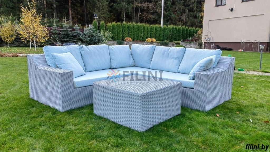 Плетеный угловой диван "Декстер" из искусственного ротанга с подушками из водоотталкивающей ткани, для дачи, сада, террасы купить в Минске у производителя садовой мебели ООО ФИЛИНИ МЕБЕЛЬ
