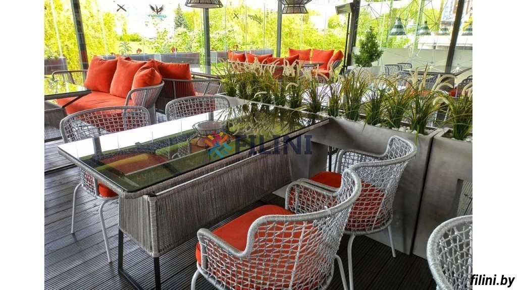 Обеденный комплект уличной мебели для кафе "Клауд" - стол и четыре стула из роупа (веревки)